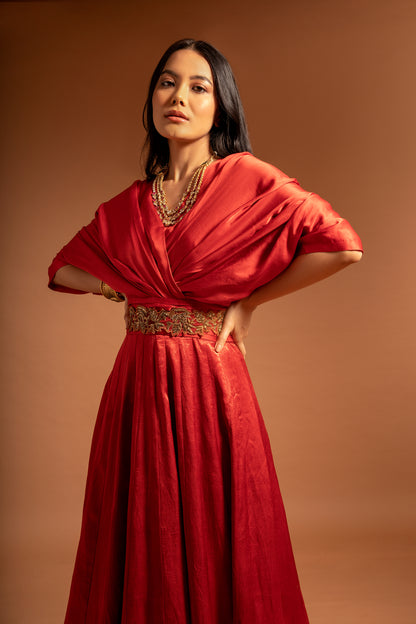 Red Poncho sleeve patchworked Gown with Belt