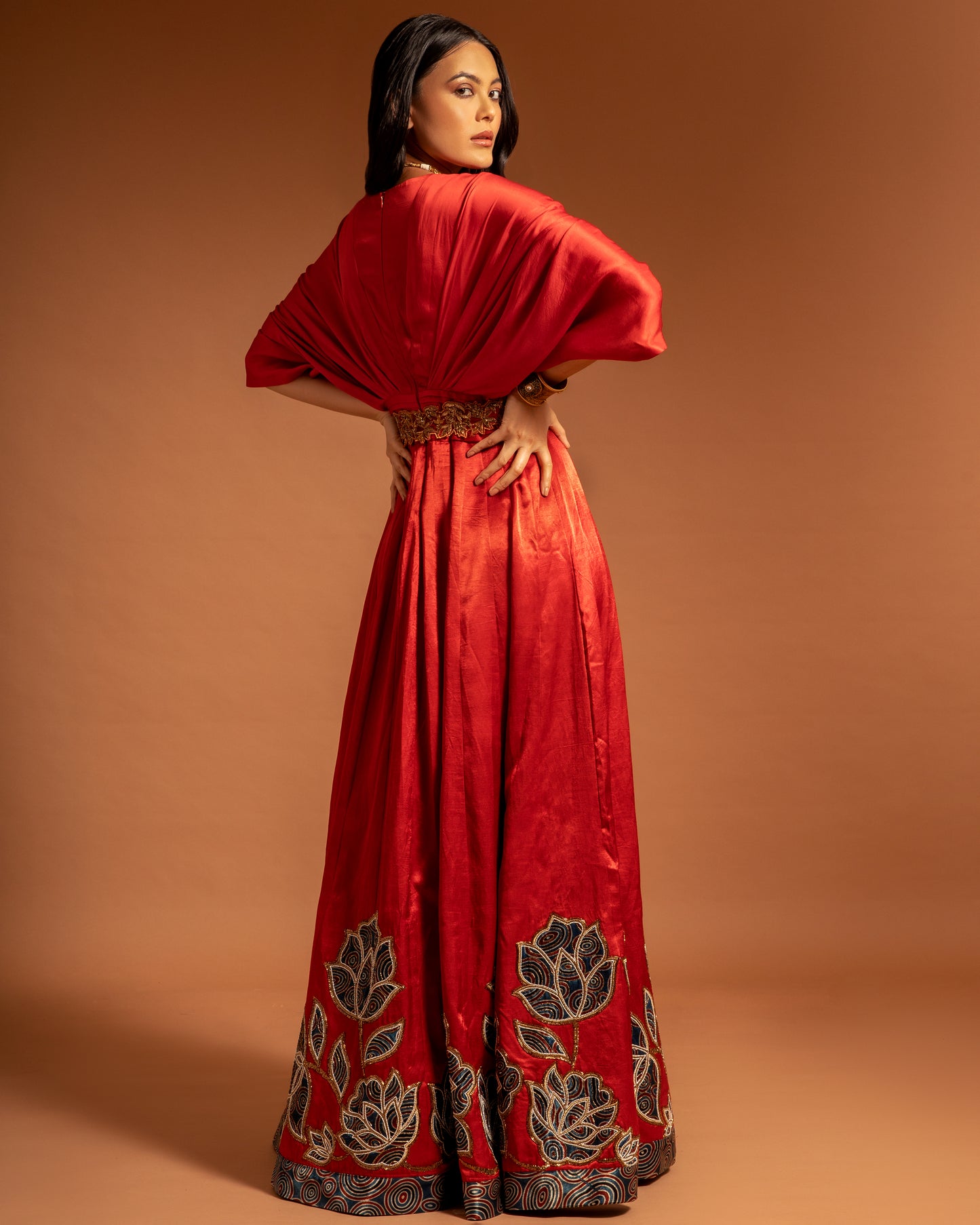 Red Poncho sleeve patchworked Gown with Belt