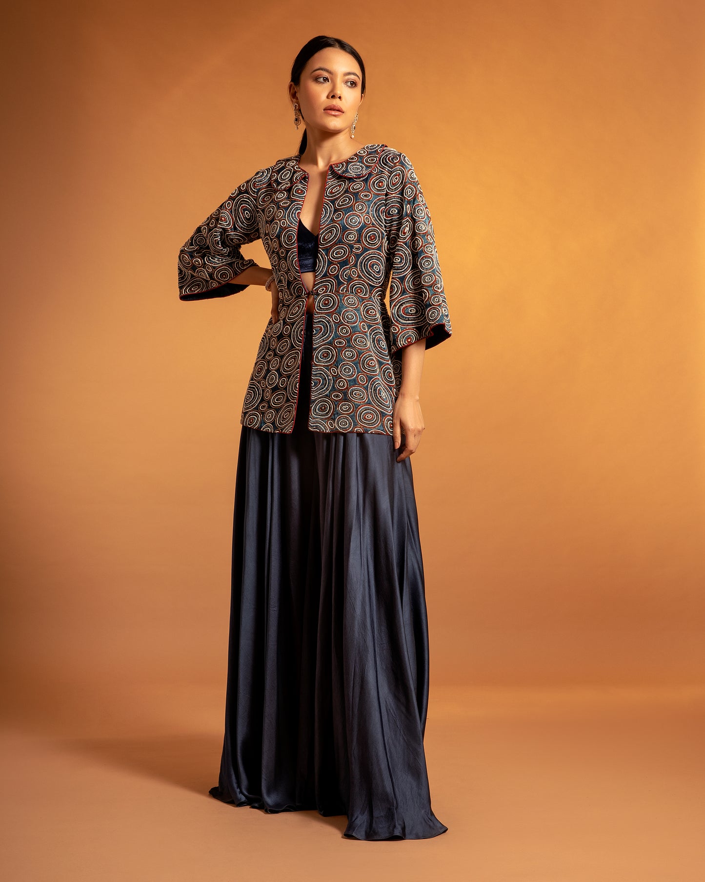 Blue Ajrak Embellished Jacket And Fluid Pant Set