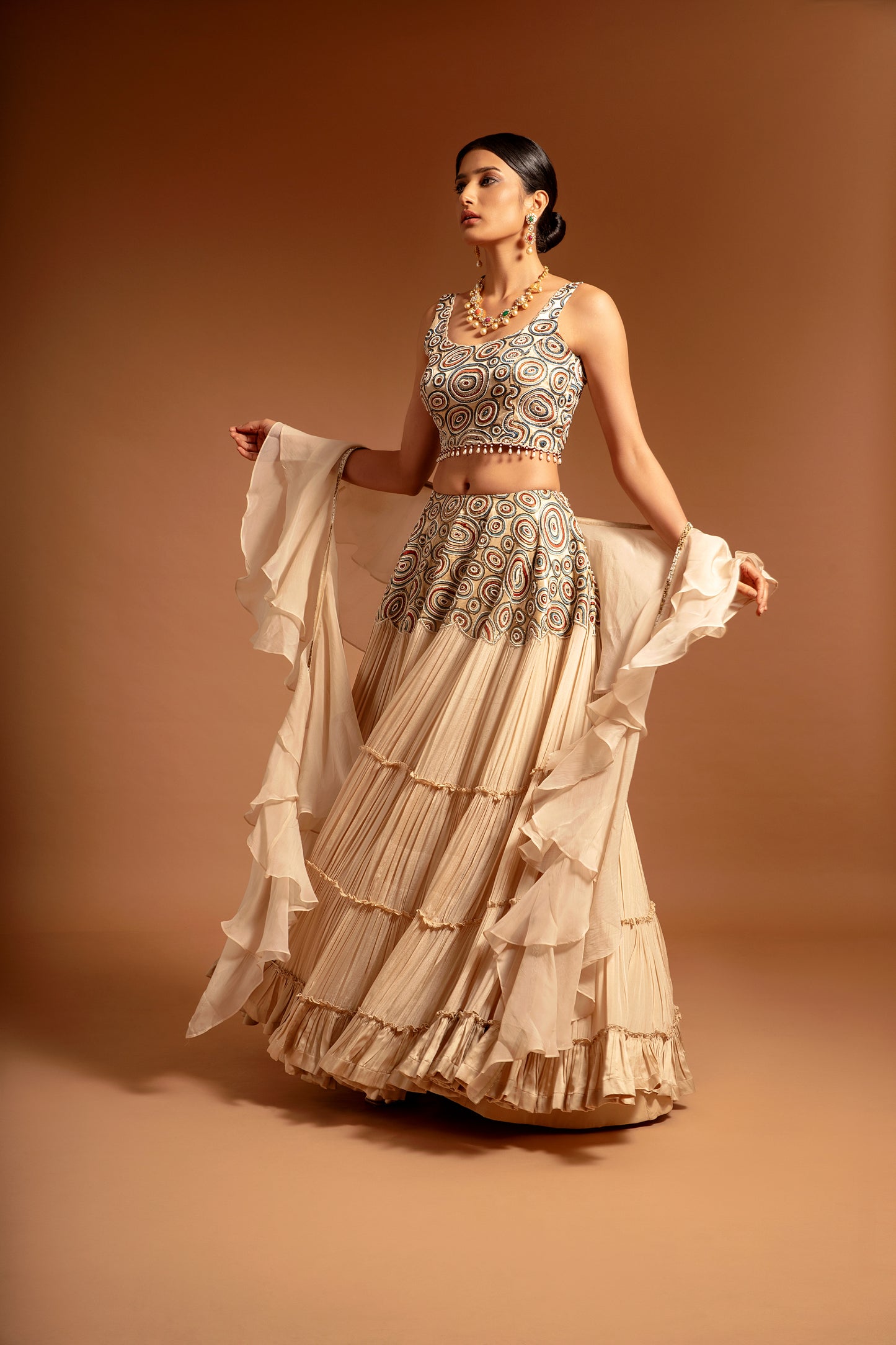 Ivory Ajrakh Tiered Lehenga Set