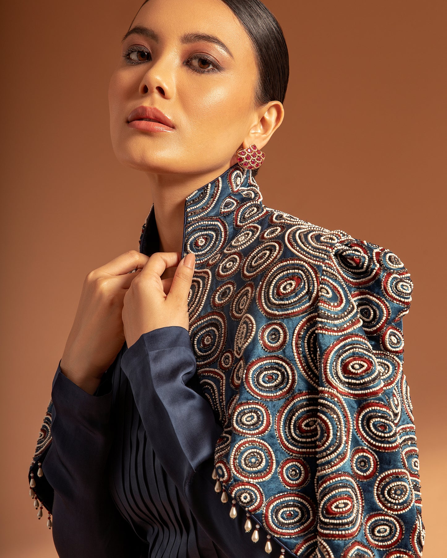 Blue Jumpsuit with Embellished Ajrakh jacket