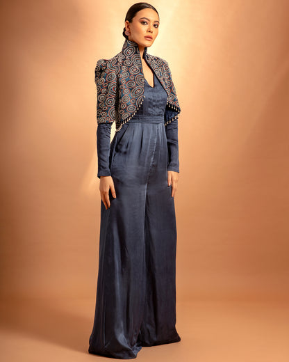 Blue Jumpsuit with Embellished Ajrakh jacket