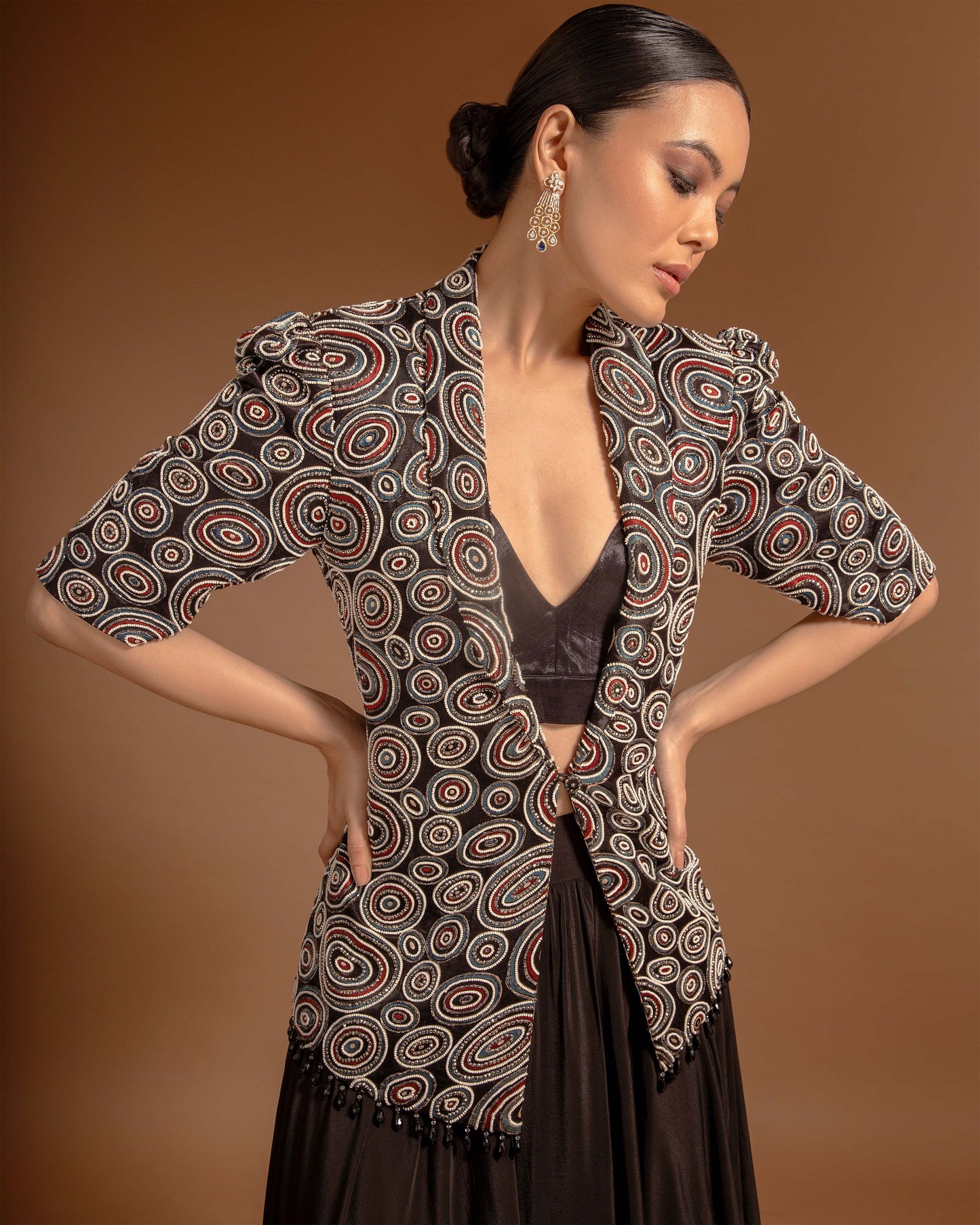 Black Ajrakh embellished jacket with bralette and flare pants