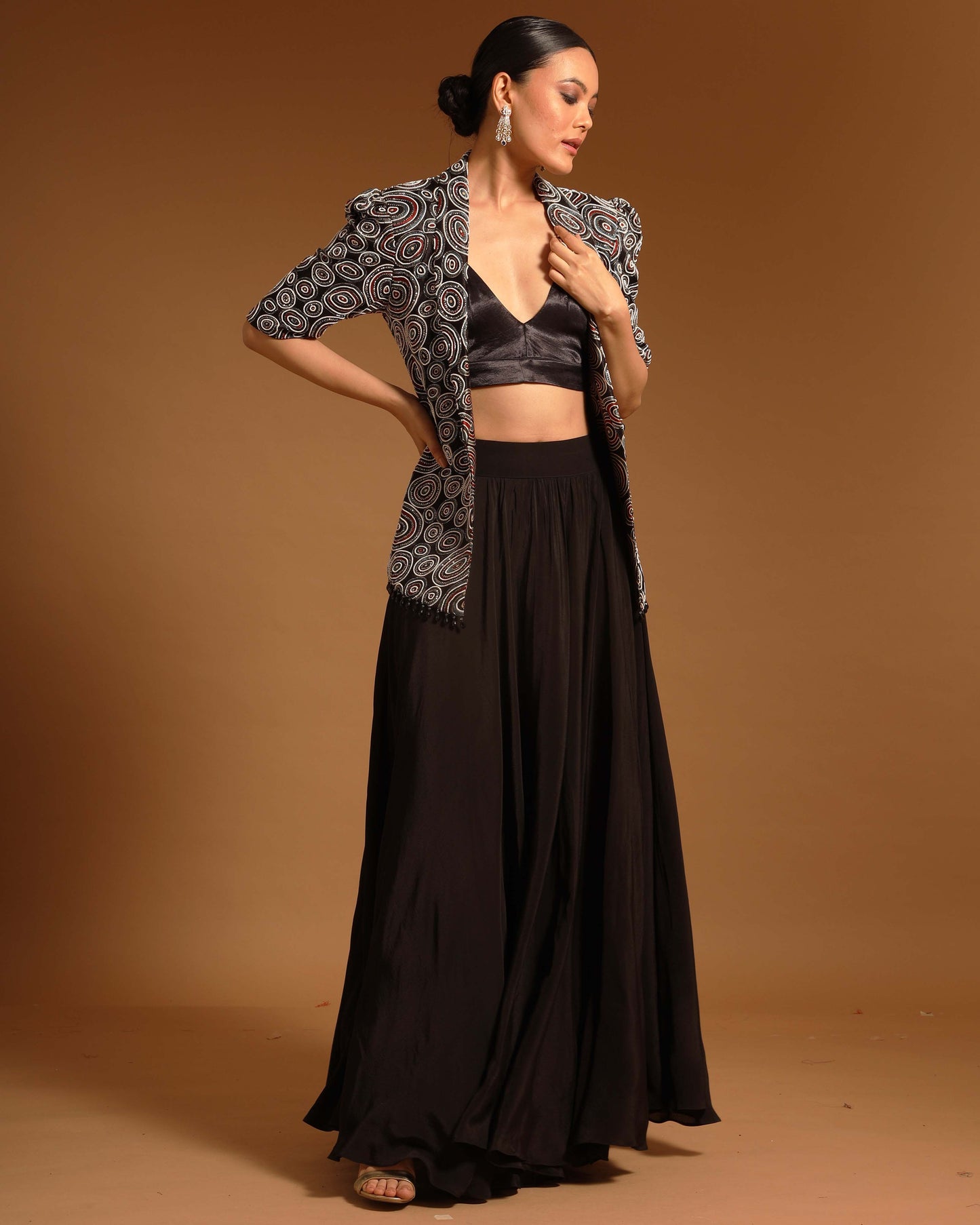 Black Ajrakh embellished jacket with bralette and flare pants