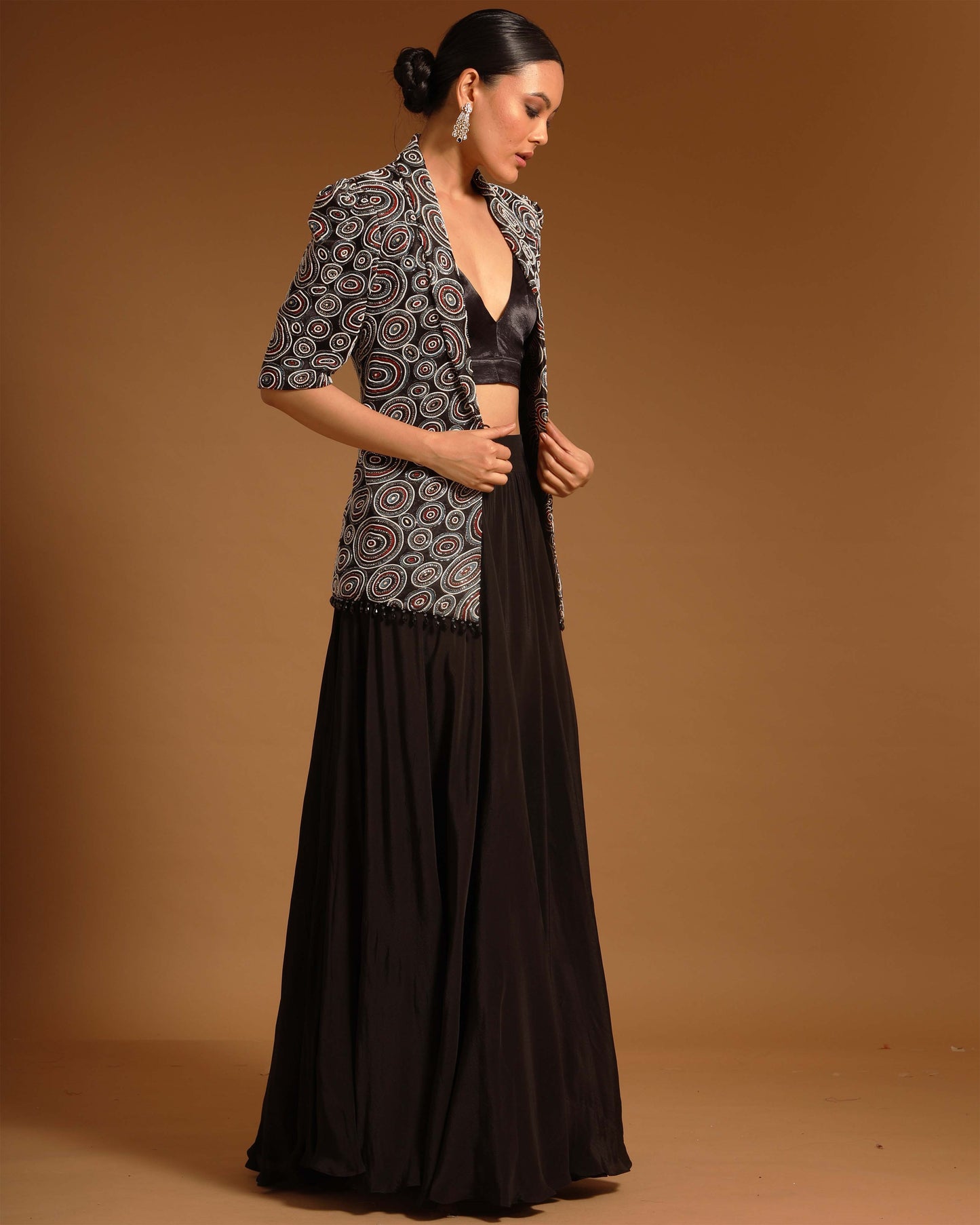 Black Ajrakh embellished jacket with bralette and flare pants