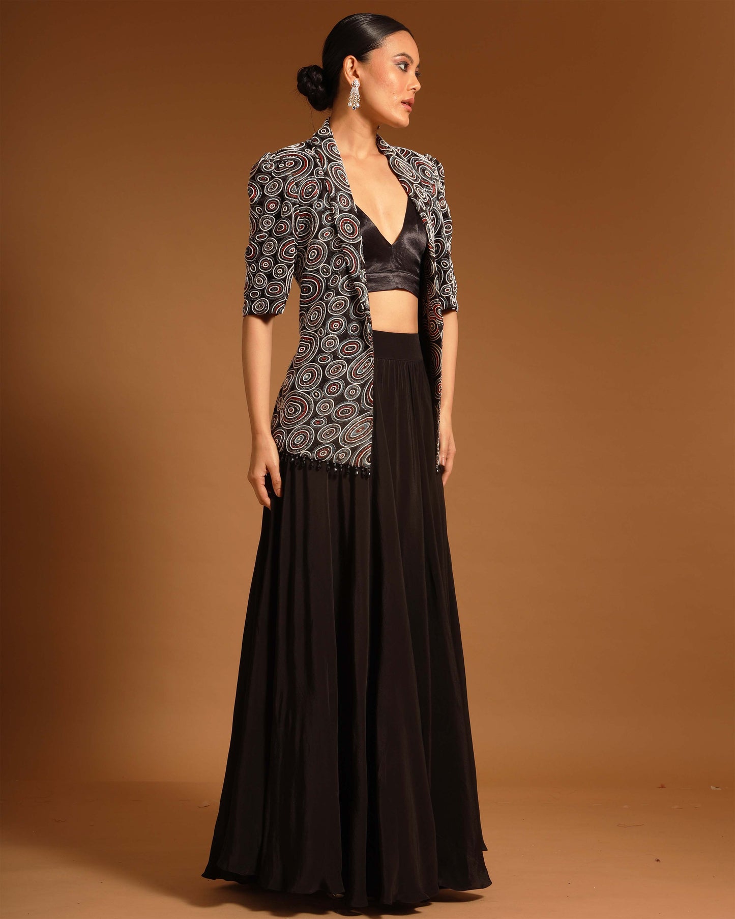 Black Ajrakh embellished jacket with bralette and flare pants