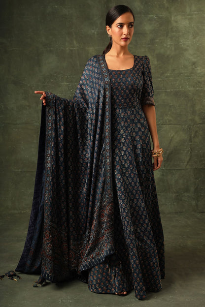 Blue ajrakh cape jacket with blouse and drape dhoti