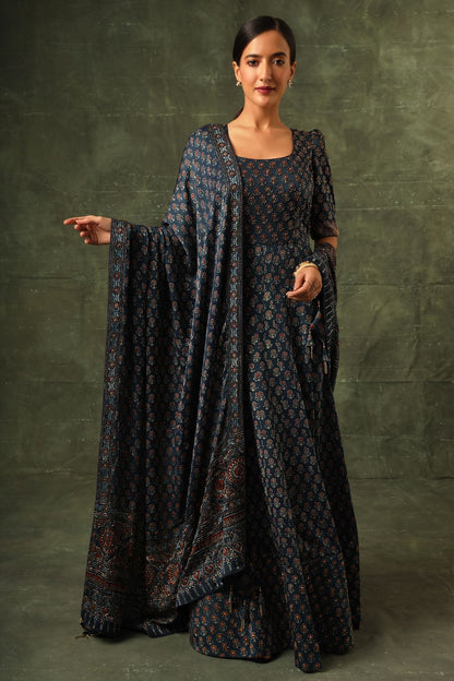 Blue Ajrakh anarkali with dupatta