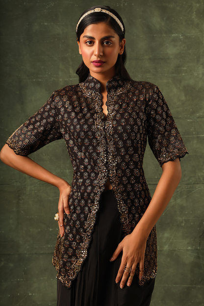 Black Ajrakh Jacket with drape dhoti skirt