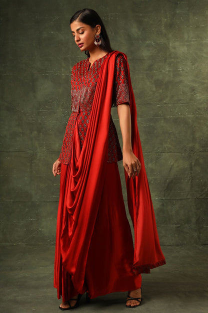 Red ajrakh gown saree