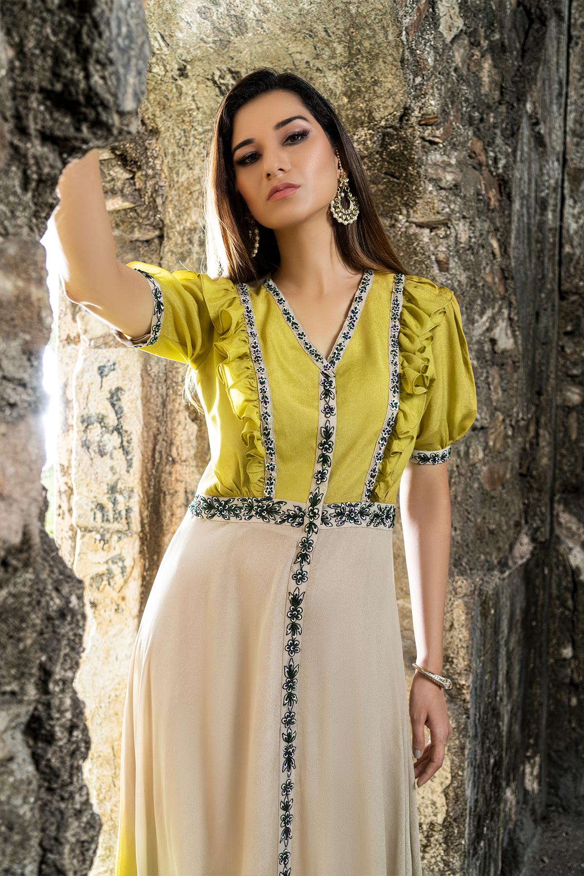 "Timeless meets modern in our day dress. A perfect blend of tradition and contemporary style, adorned with French knots and sequins for an enchanting look."