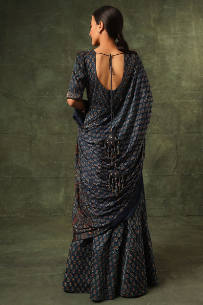 Blue ajrakh cape jacket with blouse and drape dhoti