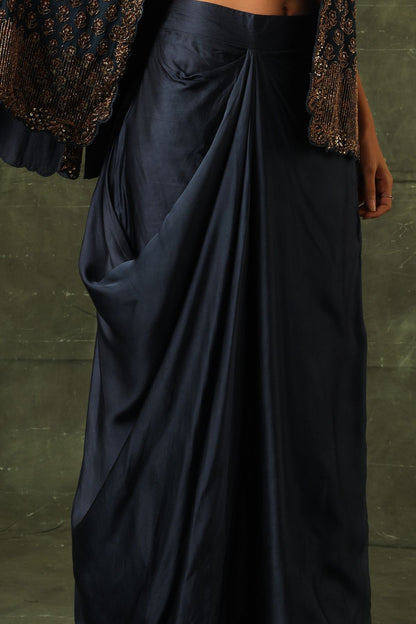 Blue ajrakh cape jacket with blouse and drape dhoti