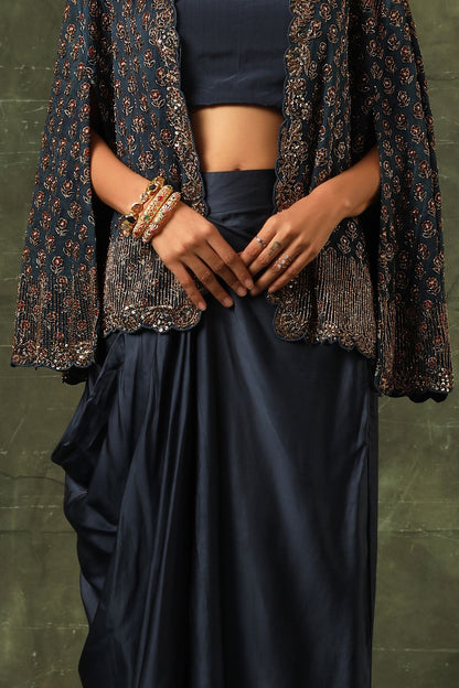 Blue ajrakh cape jacket with blouse and drape dhoti