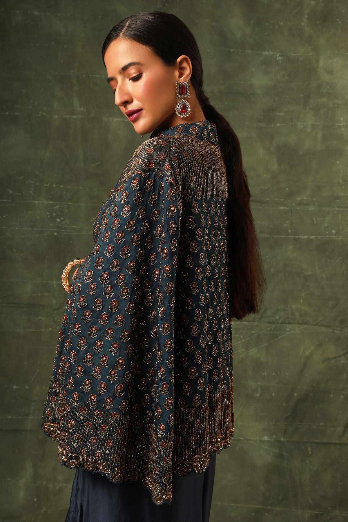 Blue ajrakh cape jacket with blouse and drape dhoti