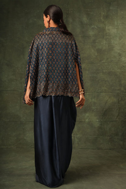 Blue ajrakh cape jacket with blouse and drape dhoti