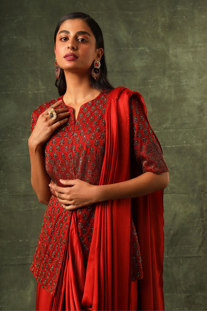 Red ajrakh gown saree