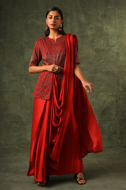 Red ajrakh gown saree