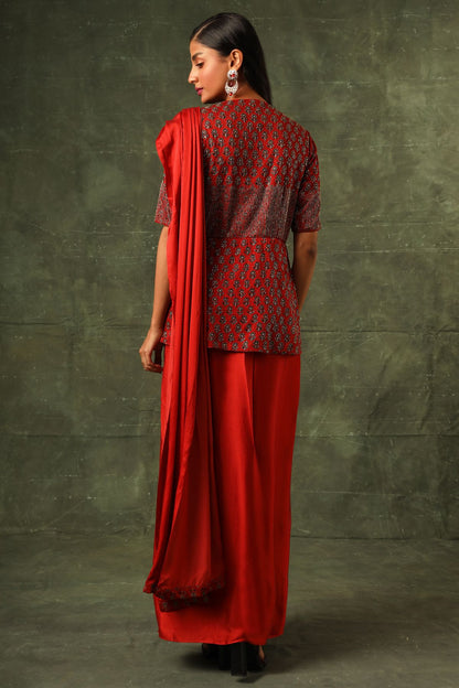 Red ajrakh gown saree