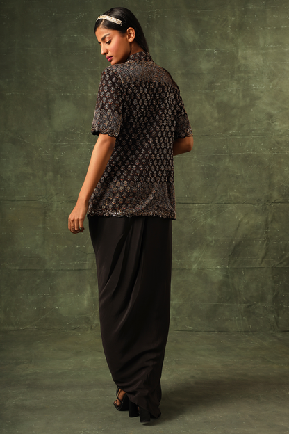 Black Ajrakh Jacket with drape dhoti skirt