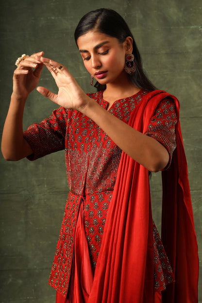 Red ajrakh gown saree