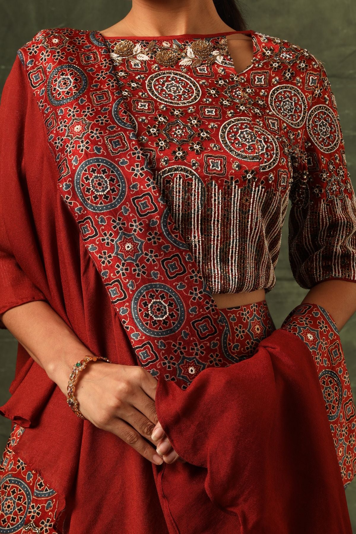 Red ajrakh blouse and lehenga with ruffled dupatta