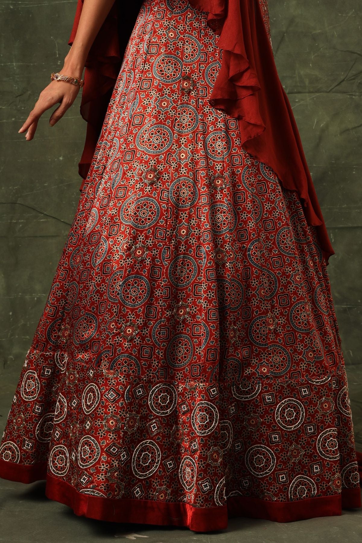 Red ajrakh blouse and lehenga with ruffled dupatta