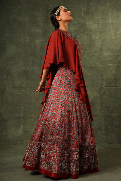 Red ajrakh blouse and lehenga with ruffled dupatta