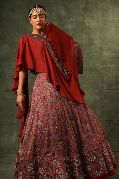 Red ajrakh blouse and lehenga with ruffled dupatta