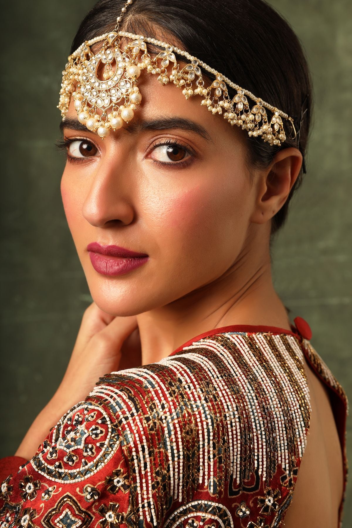 Red ajrakh blouse and lehenga with ruffled dupatta