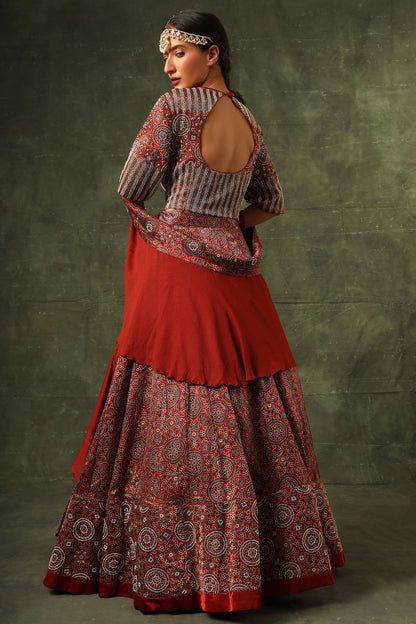 Red ajrakh blouse and lehenga with ruffled dupatta