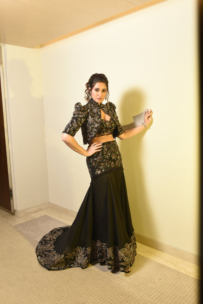 Nargis Fakhri in Black Embellished Jacket Fish-cut Lehenga Set