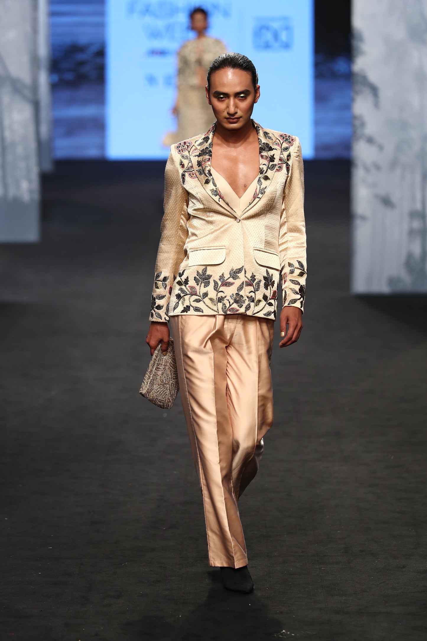 Beige Gajji Silk Embellished Blazer Pant Set