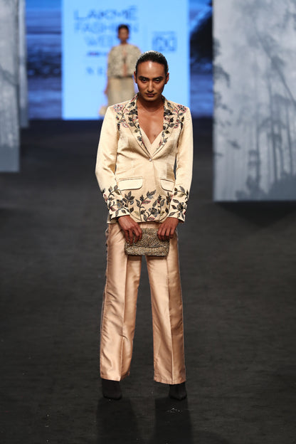 Beige Gajji Silk Embellished Blazer Pant Set