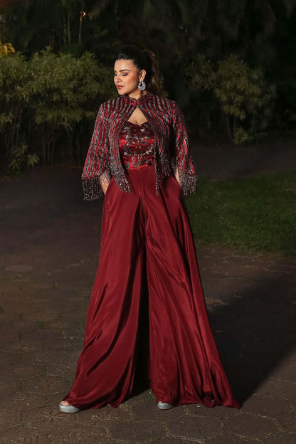 Aashka Goradia in Maroon Stripwork jumpsuit set