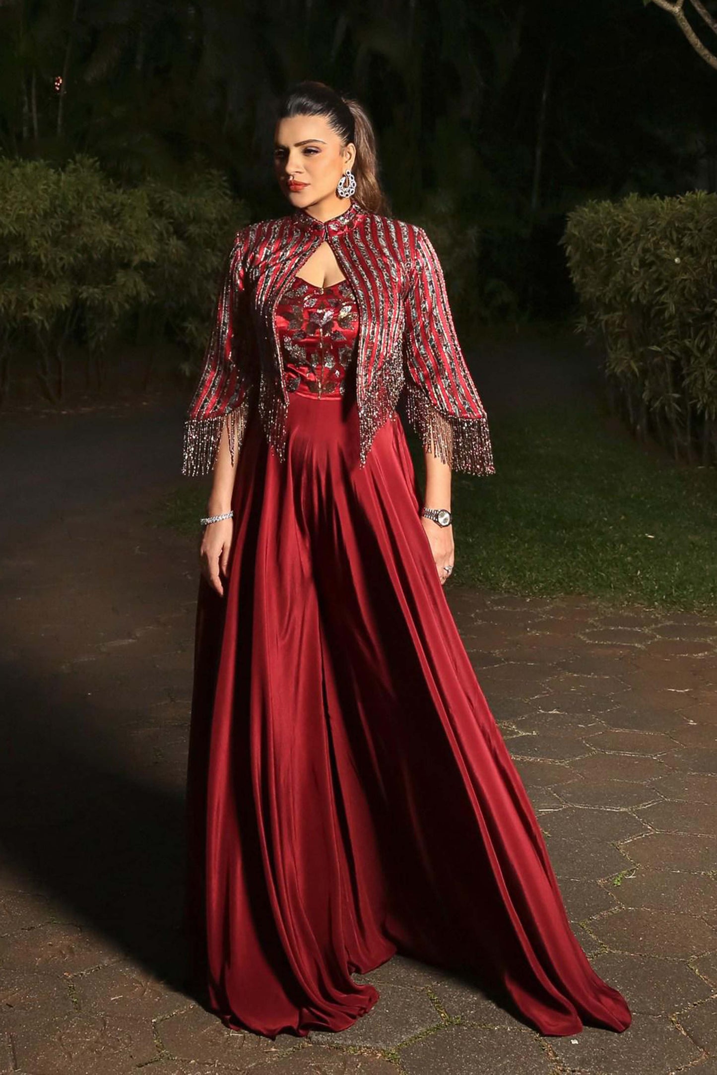 Aashka Goradia in Maroon Stripwork jumpsuit set