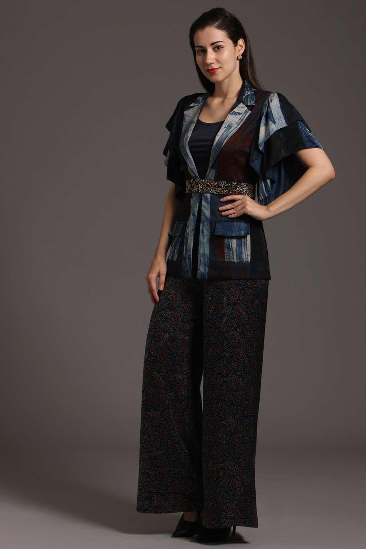 "Stylish Ajrakh Pant Suit in Modal Silk Fusion Jacket, Paired up with Pure Mashru Silk Ajrak Printed Pants for a perfect fusion ensemble."