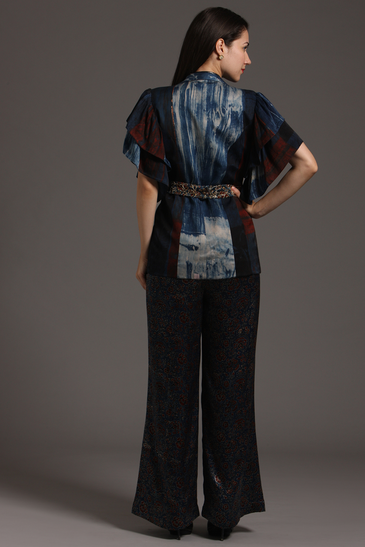 "Stylish Ajrakh Pant Suit in Modal Silk Fusion Jacket, Paired up with Pure Mashru Silk Ajrak Printed Pants for a perfect fusion ensemble."