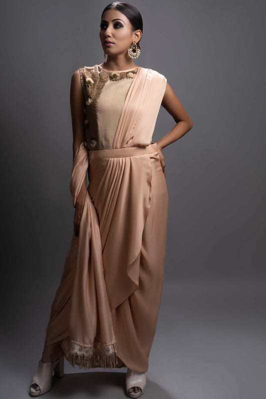 Peach Embellished Drape Saree Dress