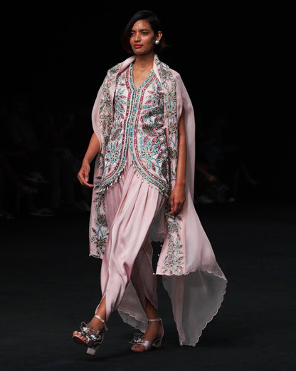 Peachy Pink ajrakh embellished jacket with cape dupatta and dhoti