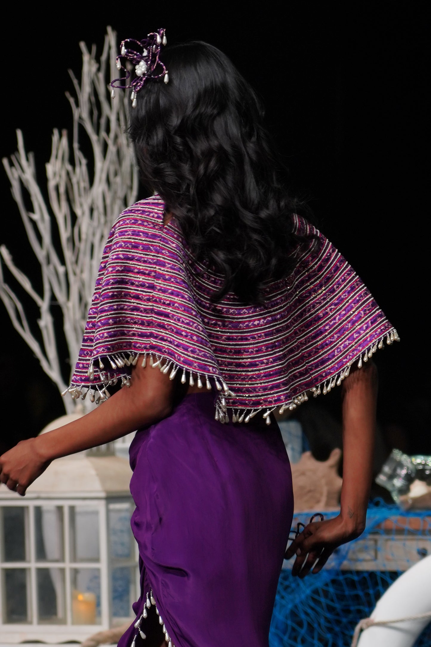 Dark purple Ajrakh stripwork capelet with purple bralette and drape skirt