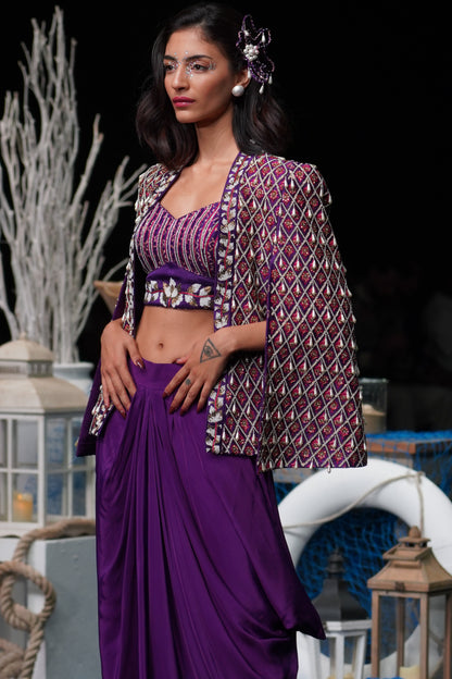 Dark purple Fully embroidered ajrakh cape jacket with heavily embellished blouse and drape skirt