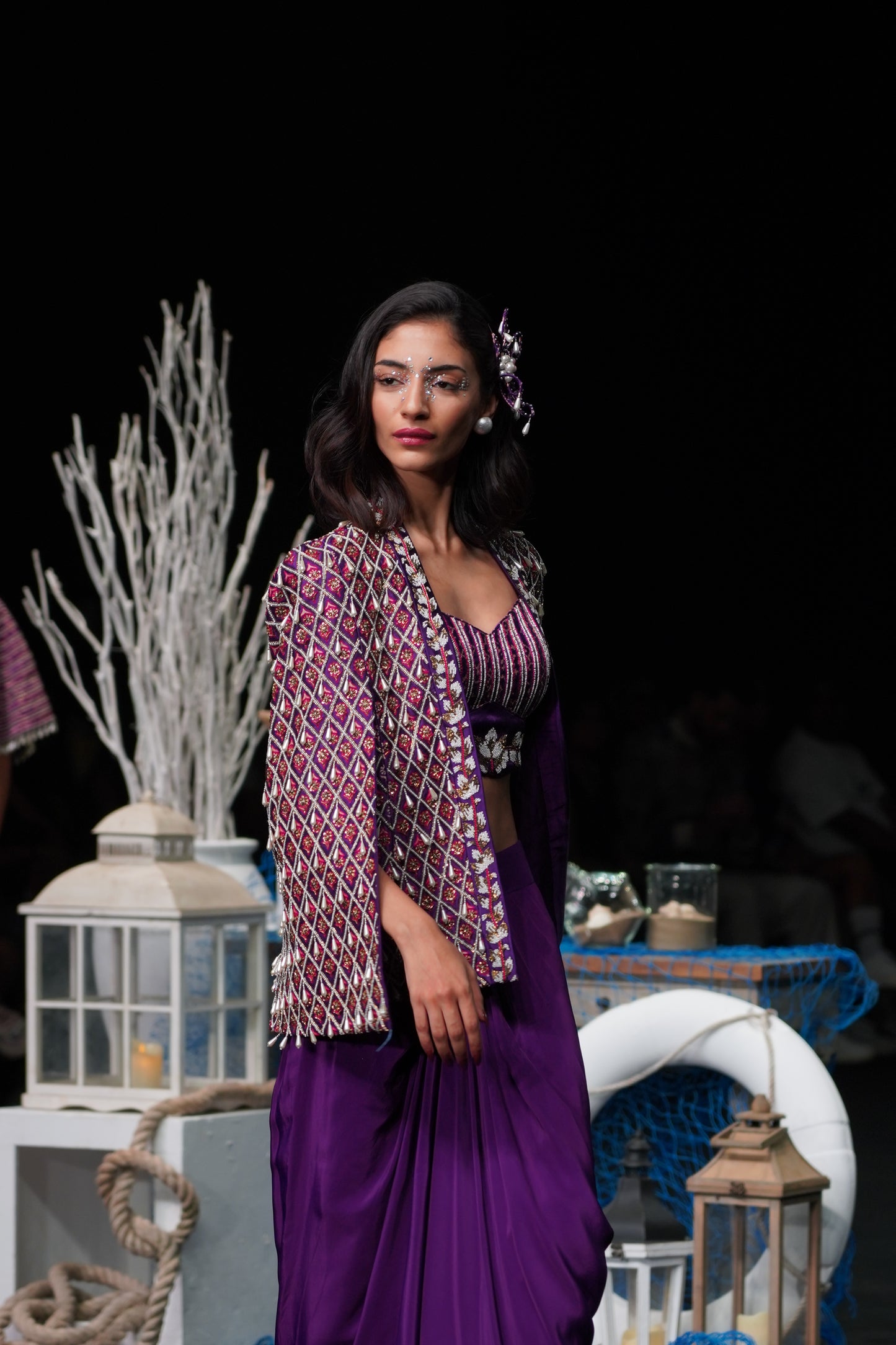 Dark purple Fully embroidered ajrakh cape jacket with heavily embellished blouse and drape skirt