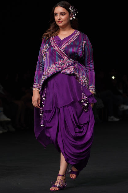 Dark Purple fully patchedworked angarkha  jacket with drape dhoti skirt