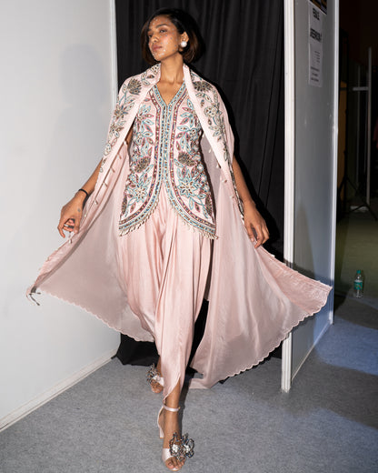 Peachy Pink ajrakh embellished jacket with cape dupatta and dhoti