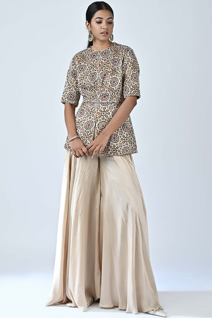 Beige Ajrakh embellished top set