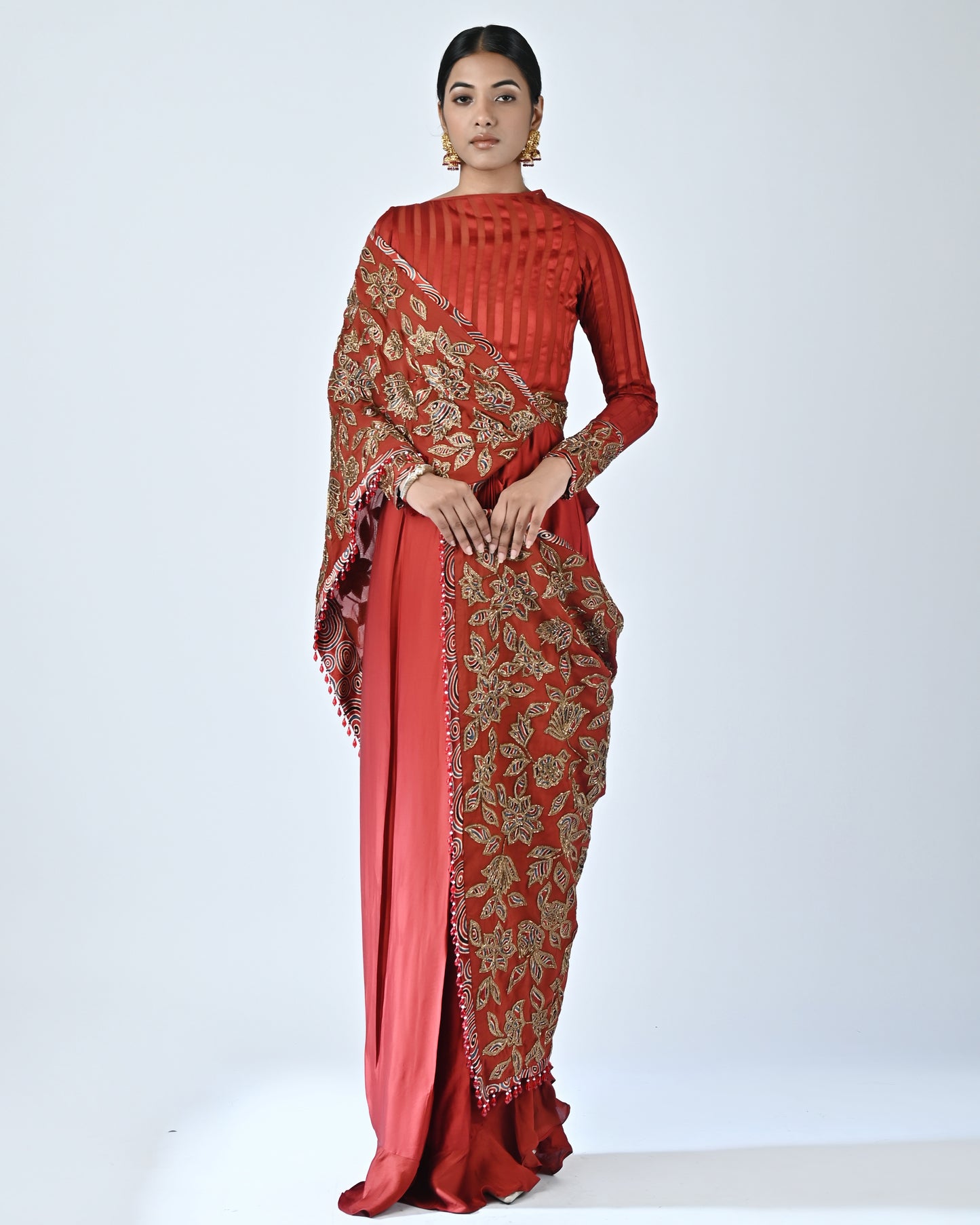 Red patchworked gown saree