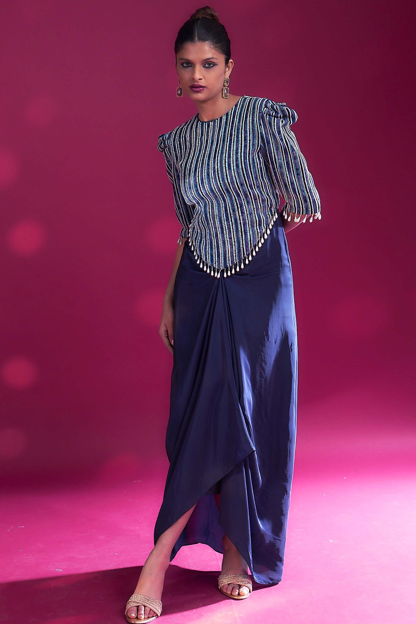 Deep blue embellished ajrakh drape dress