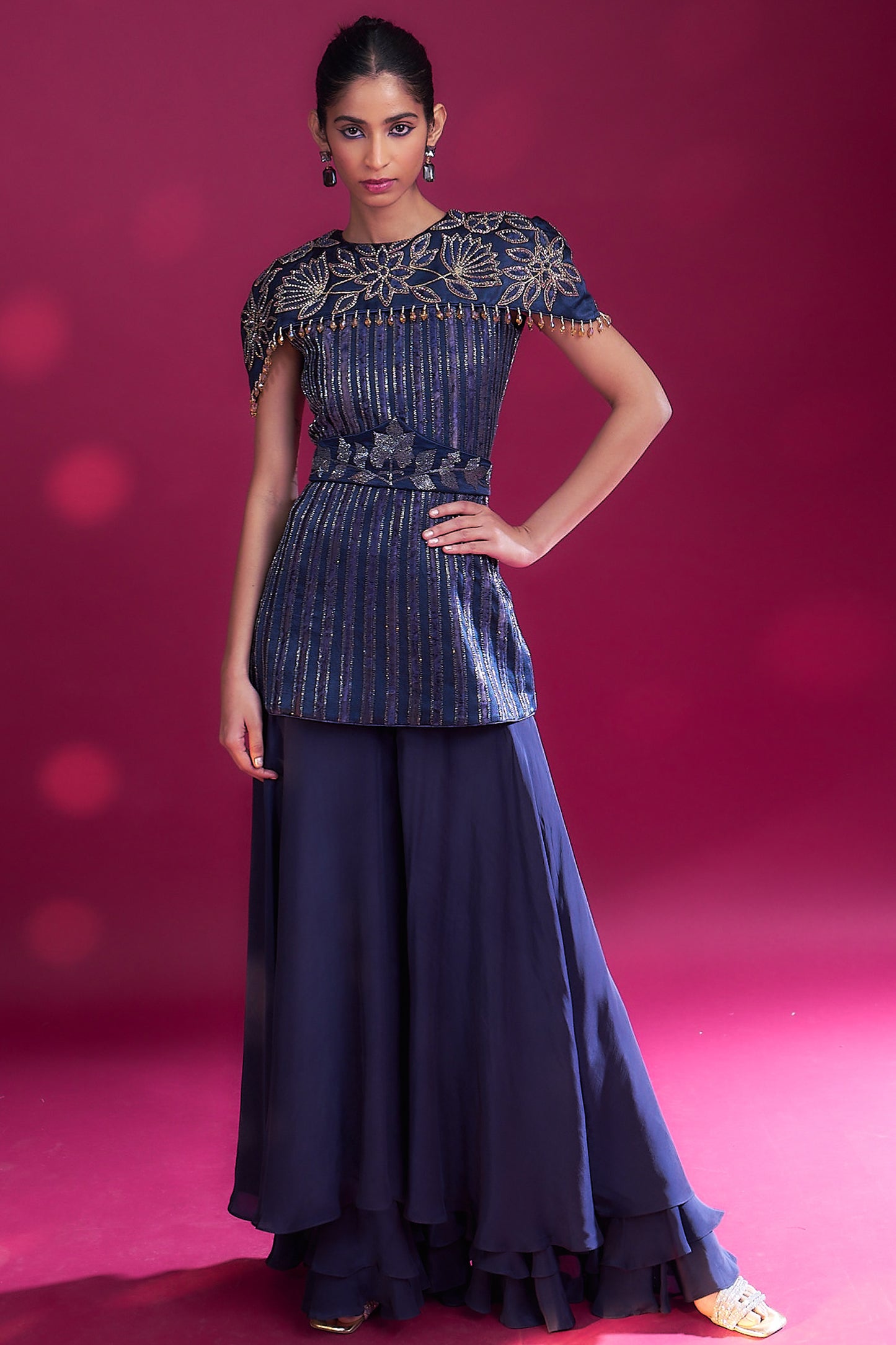 Deep blue ajrakh stripwork jpeplum top with flare pants