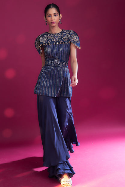 Deep blue ajrakh stripwork jpeplum top with flare pants